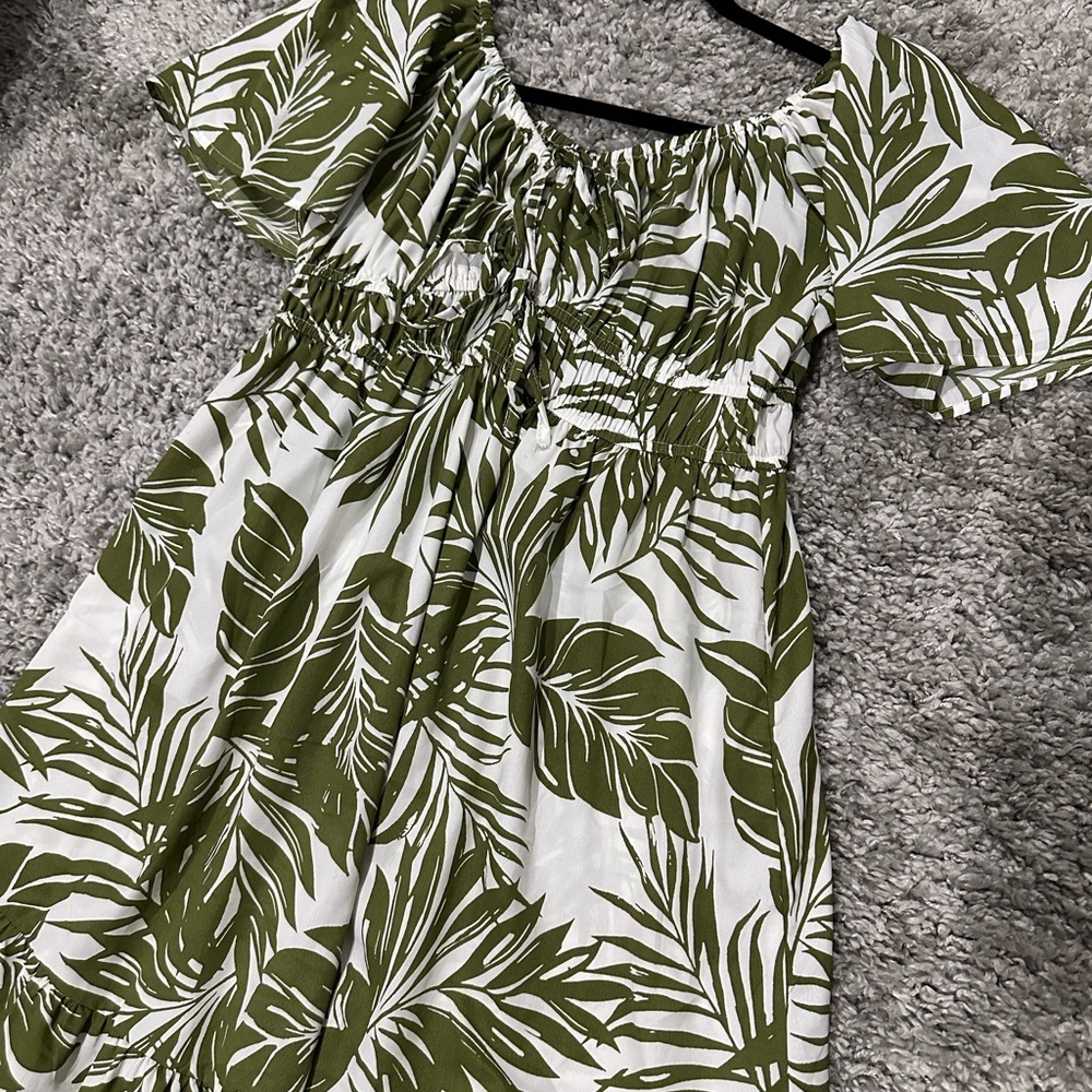 Blush White Maxi Dress with Olive Leaf Print